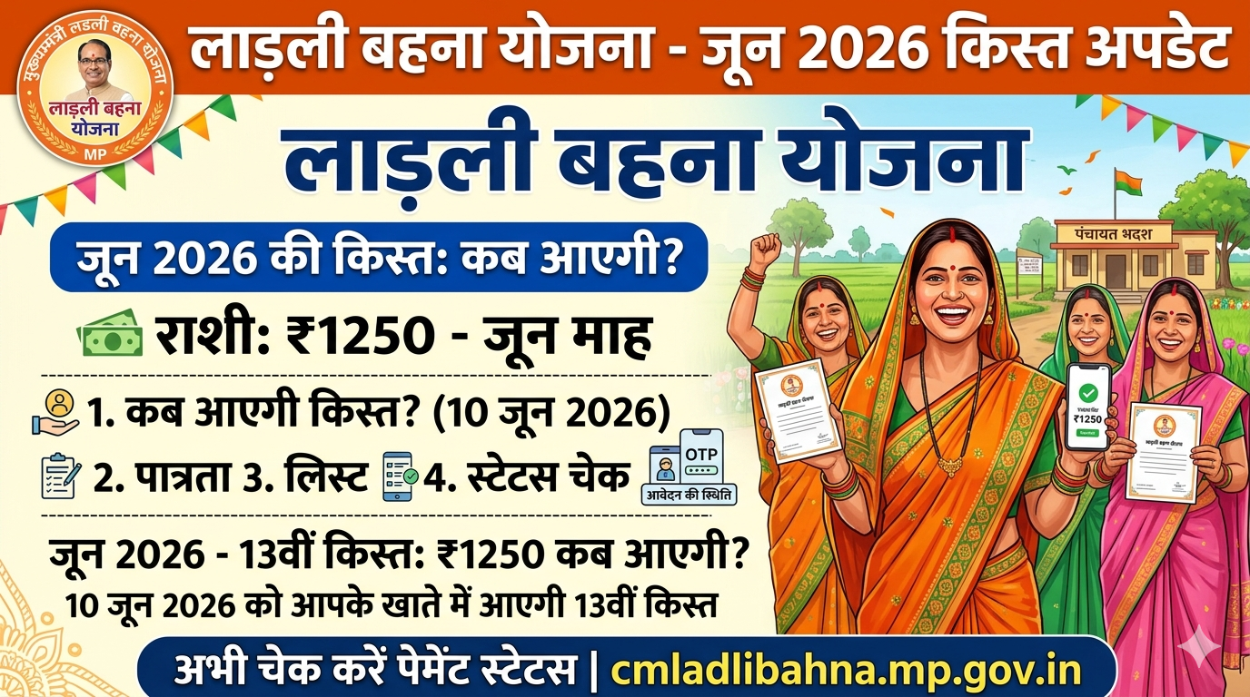 लाड़ली बहन योजना जून 2026 13वीं किस्त 1250 रुपये तारीख और नई अपडेट