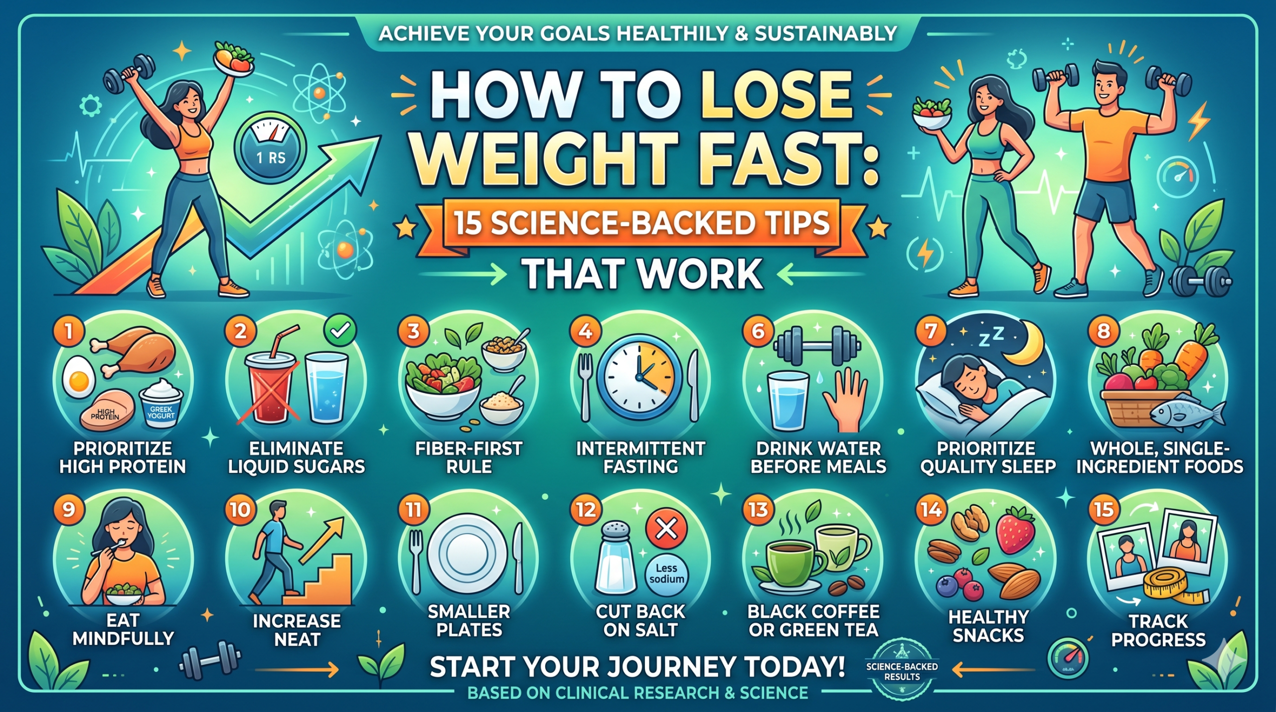 Infographic chart showing how to lose weight fast with 15 science-backed tips